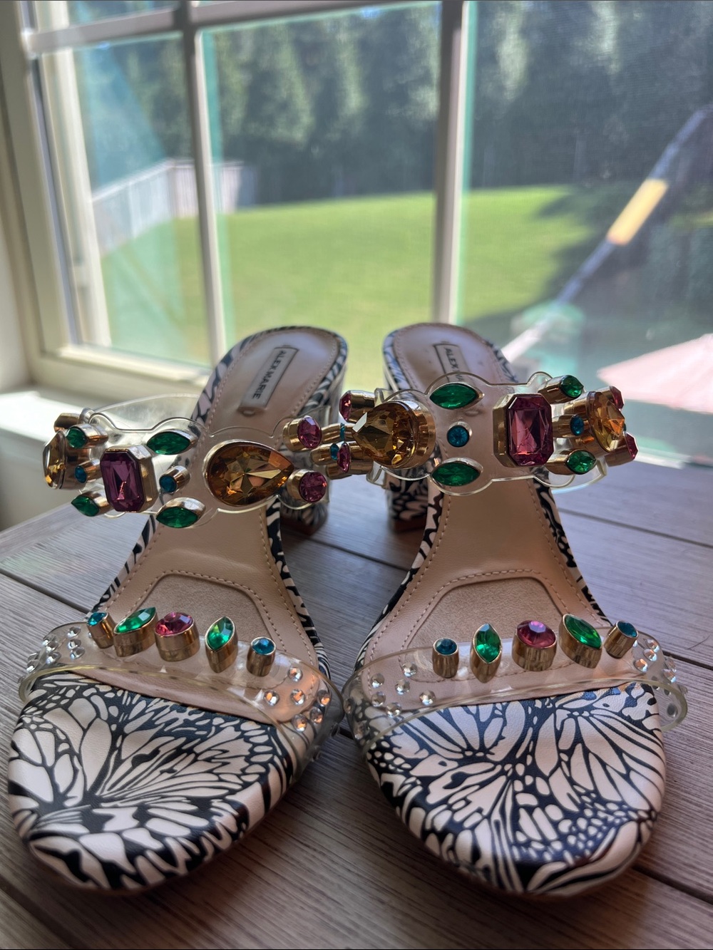 Alex Marie Black & White Floral Slide Sandals with Gold and Multicolor Gems